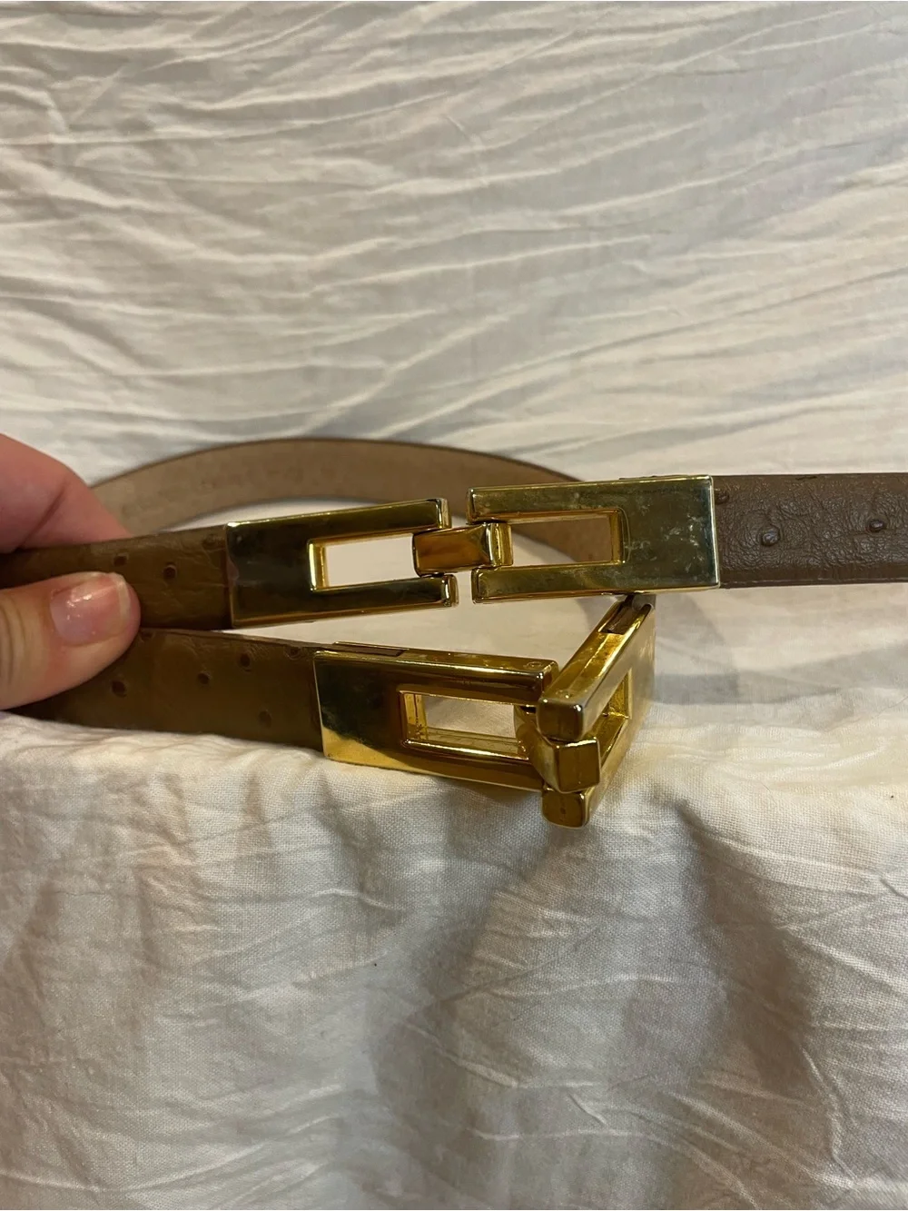 Brown Genuine Leather Ostrich Embossed Gold Buckle Belt Western Y2K